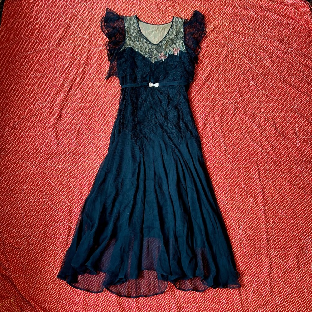 Antique 1930s black lace silk maxi length Flutter Sleeve Dress Floral Applique